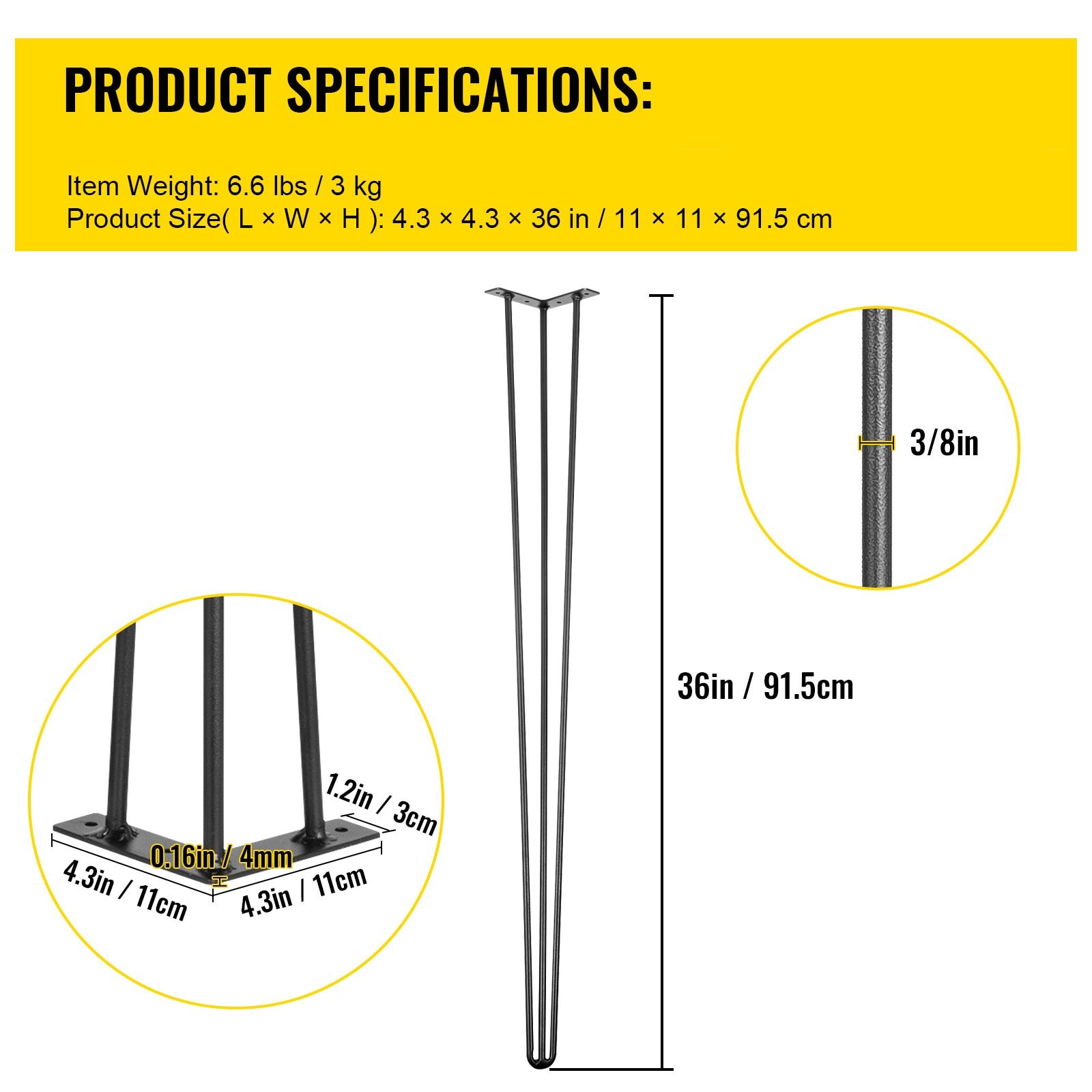 Hairpin Table Legs 36" Black Set Of 4 Desk Legs 880lbs Load Capacity Hairpin Desk Legs 3 Rods For Bench Desk Dining End Table Chairs Carbon Steel DIY Heavy Duty Furniture Legs_maomaolike.com